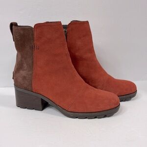 Sorel Cate Ankle Boot Bootie Waterproof Suede Side Zipper Red Brown